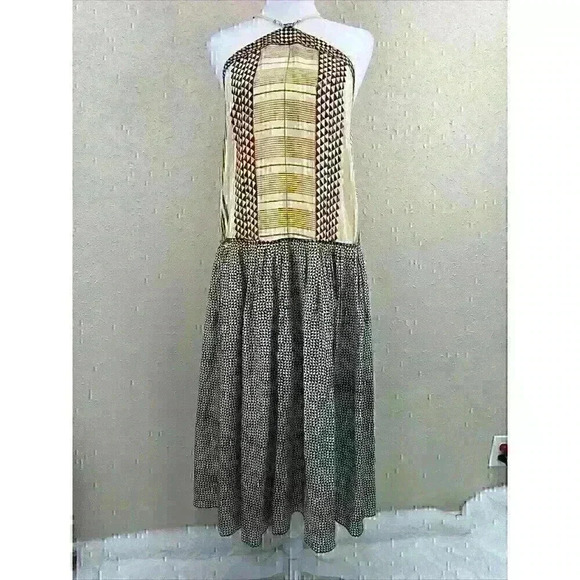 VOLANTIS  G.V. MAJIL Hand Painted 100% Silk Tan Aztec Zigzag Boho dress one size - Picture 1 of 10